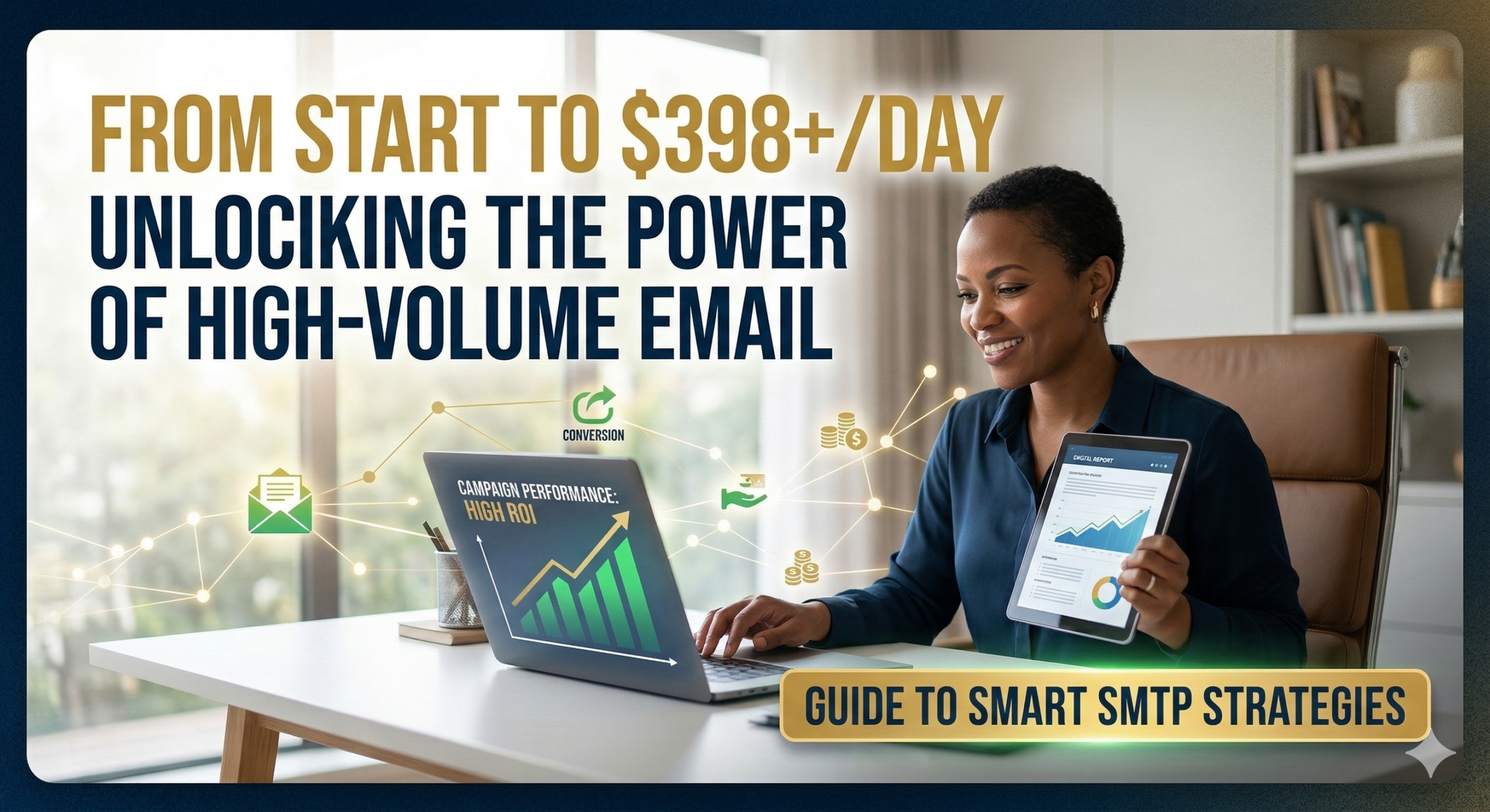 emale entrepreneur working on a laptop and tablet, flanked by prominent text: 