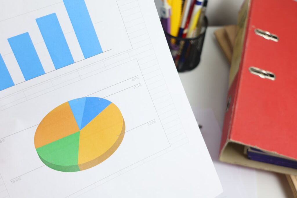 Business analysis charts showing bar graphs and pie charts representing factors that influence SEO costs
